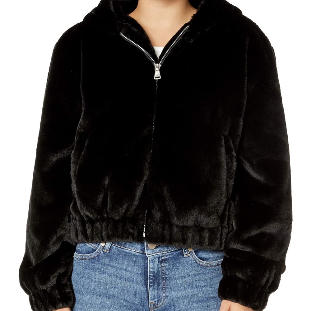 NWT The Drop Women's Black Sloane Faux Fur Bomber Zipper Hooded Jacket XXSmall